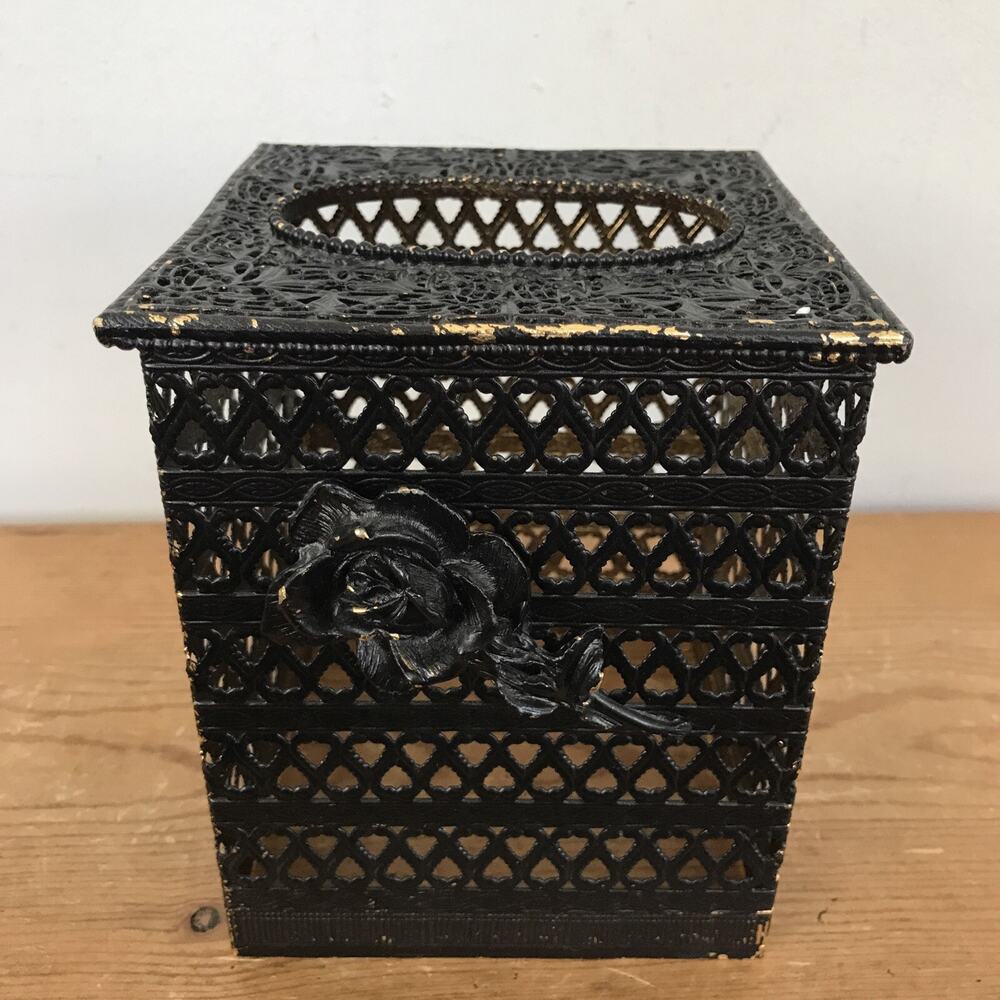 Vtg Hollywood Regency Distressed Black Brass Painted Rose Tissue Box Cover 5"
